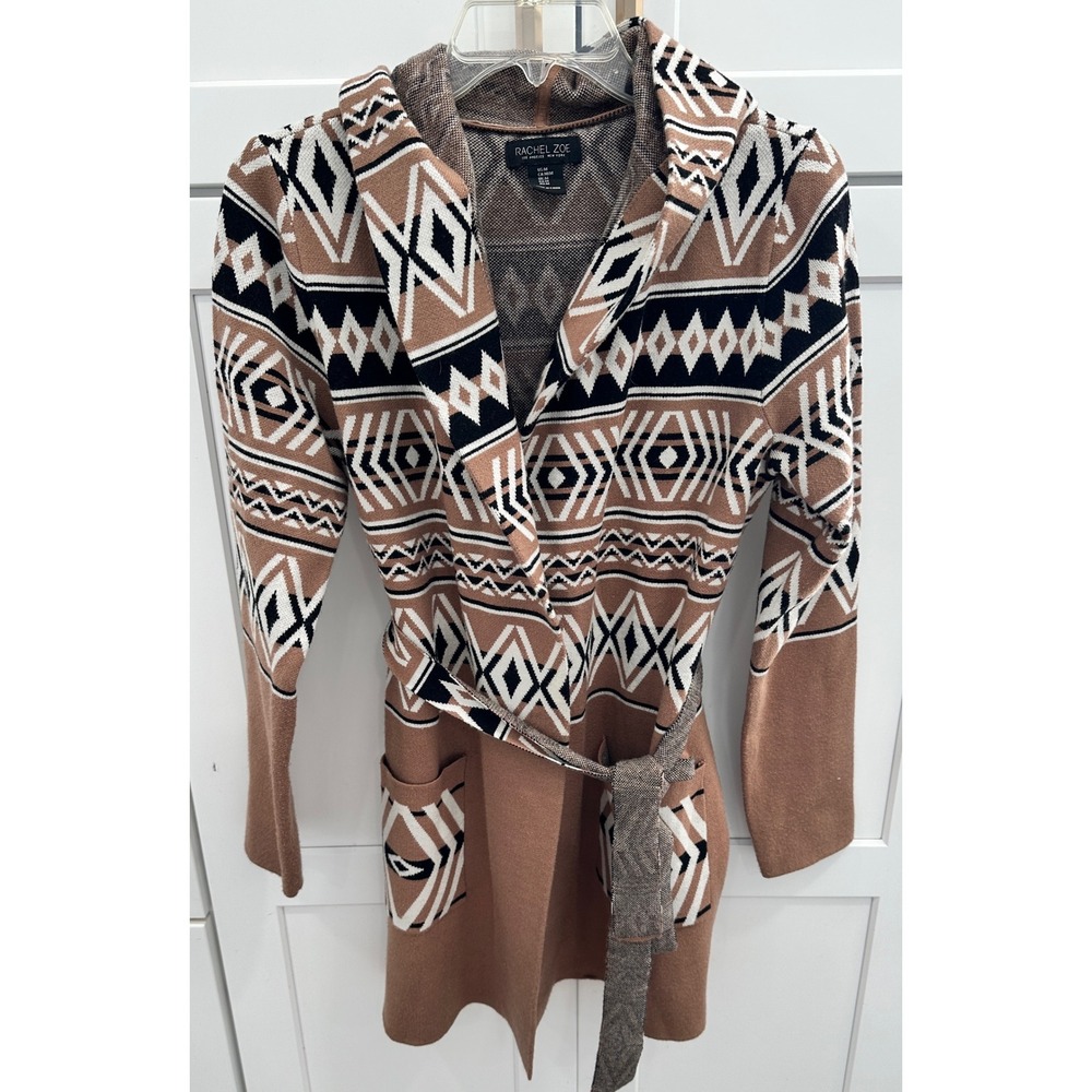 RACHEL ZOE Hooded Belted Cardigan Sweater Geometric Print Brown Black White M